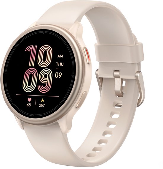 Montre connectée Sytifro DR09 kaki avec lunette dorée et écran AMOLED affichant l'heure (10:09 AM), la fréquence cardiaque (68) et les calories (257).