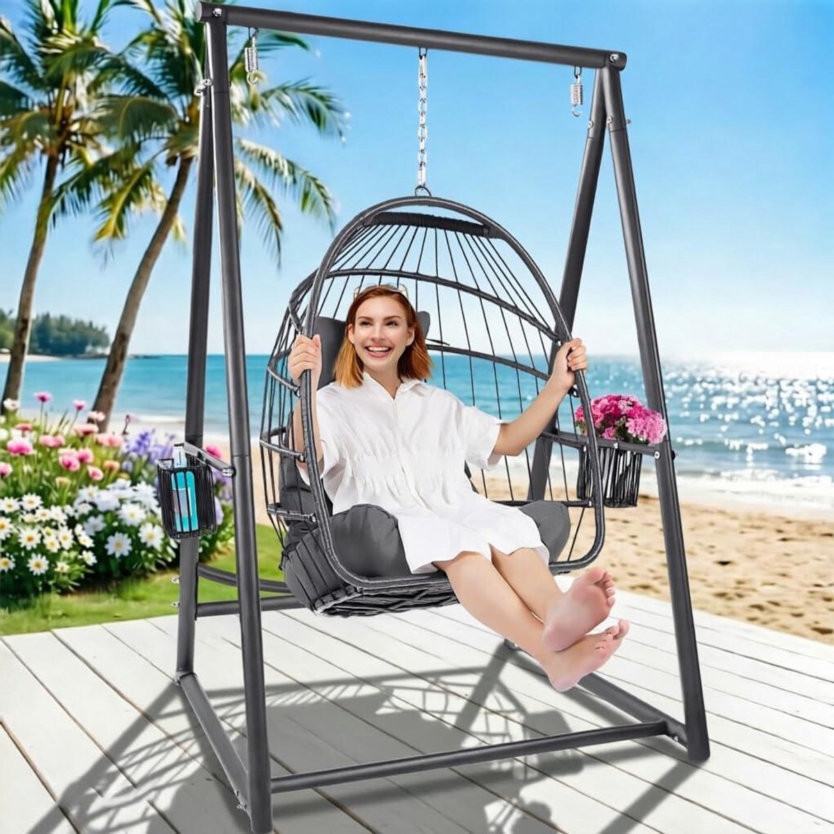 Hangmat Standaard - Schommel Frame - Ontspannen Buiten - Versterkte Driehoek Structuur - 107 cm Lengte - Zwart