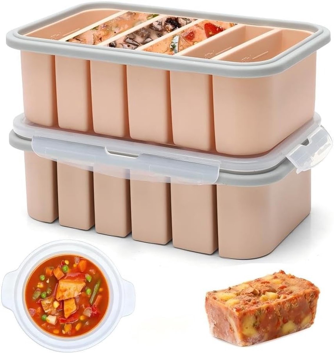 6-Hole Silicone IJsblokjesvormen, 2 Stuks, Met Deksel voor Soep, Sauzen en Voedselopslag