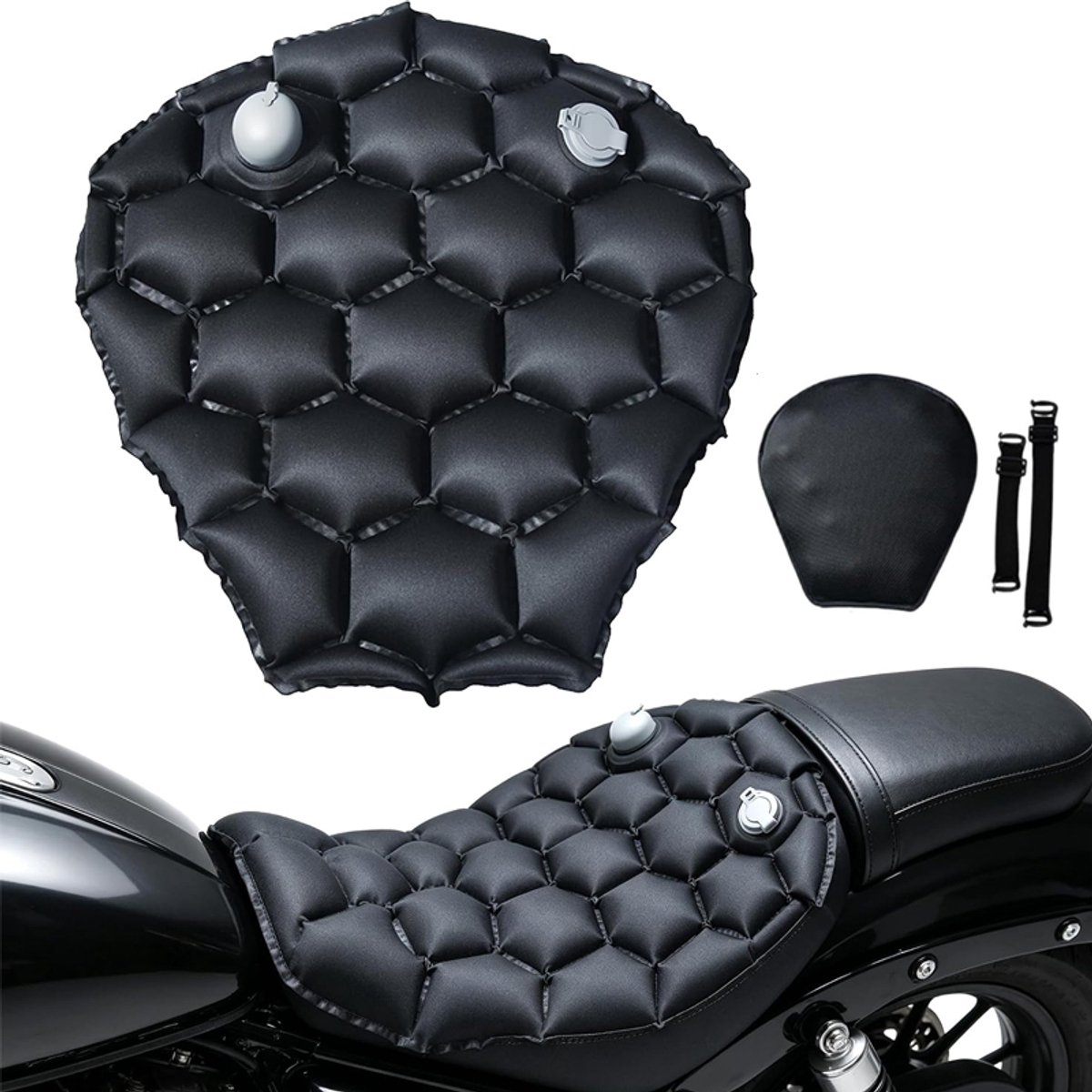 Bobypet - Motorfiets zitkussen - Ademend en antislip zadelkussen - Met bevestigingsriempjes - Ergonomische ondersteuning voor motorrijders - Motoraccessoire - 41 x 37 cm - Zwart