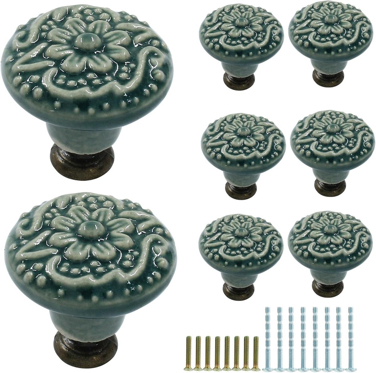 Bobypet - Meubelknoppen - Keramische kastknoppen in retrostijl - Set van 8 - Inclusief schroeven - Decoratieve knoppen voor keukenkast, kaptafel, kledingkast en deur - 3.4*3.4*3.2cm - Groen