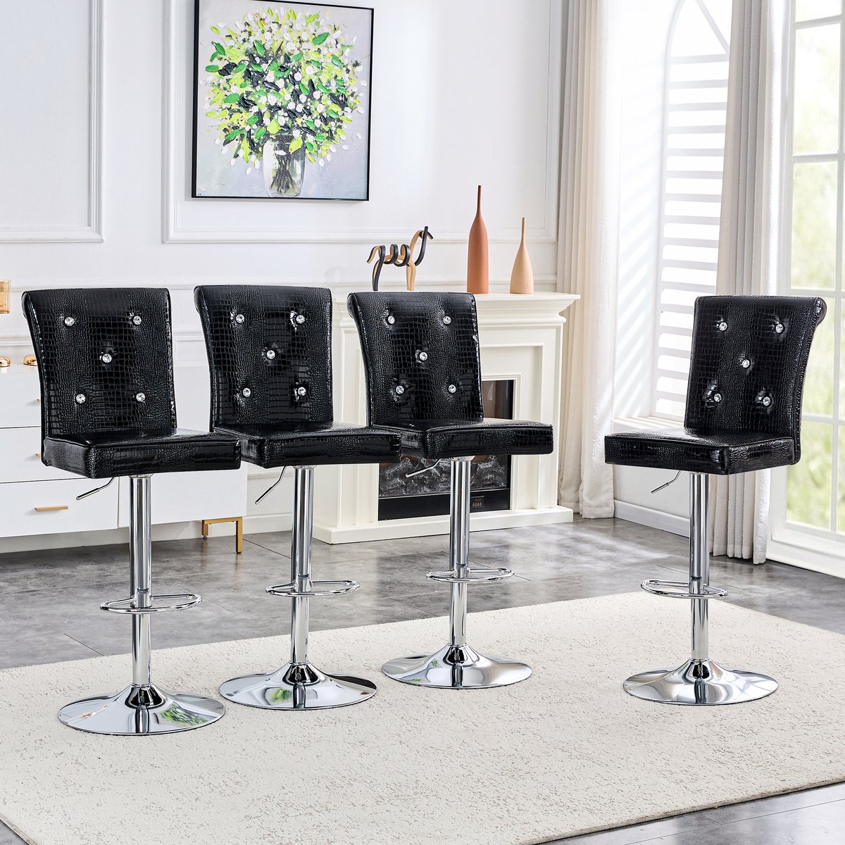 MIVRAY Eetkamerstoel Set van 4 Zwarte Barstoelen Met Krokodillenlook En Kristalknopen Voor Keuken En Bar Kunstleer Metaal