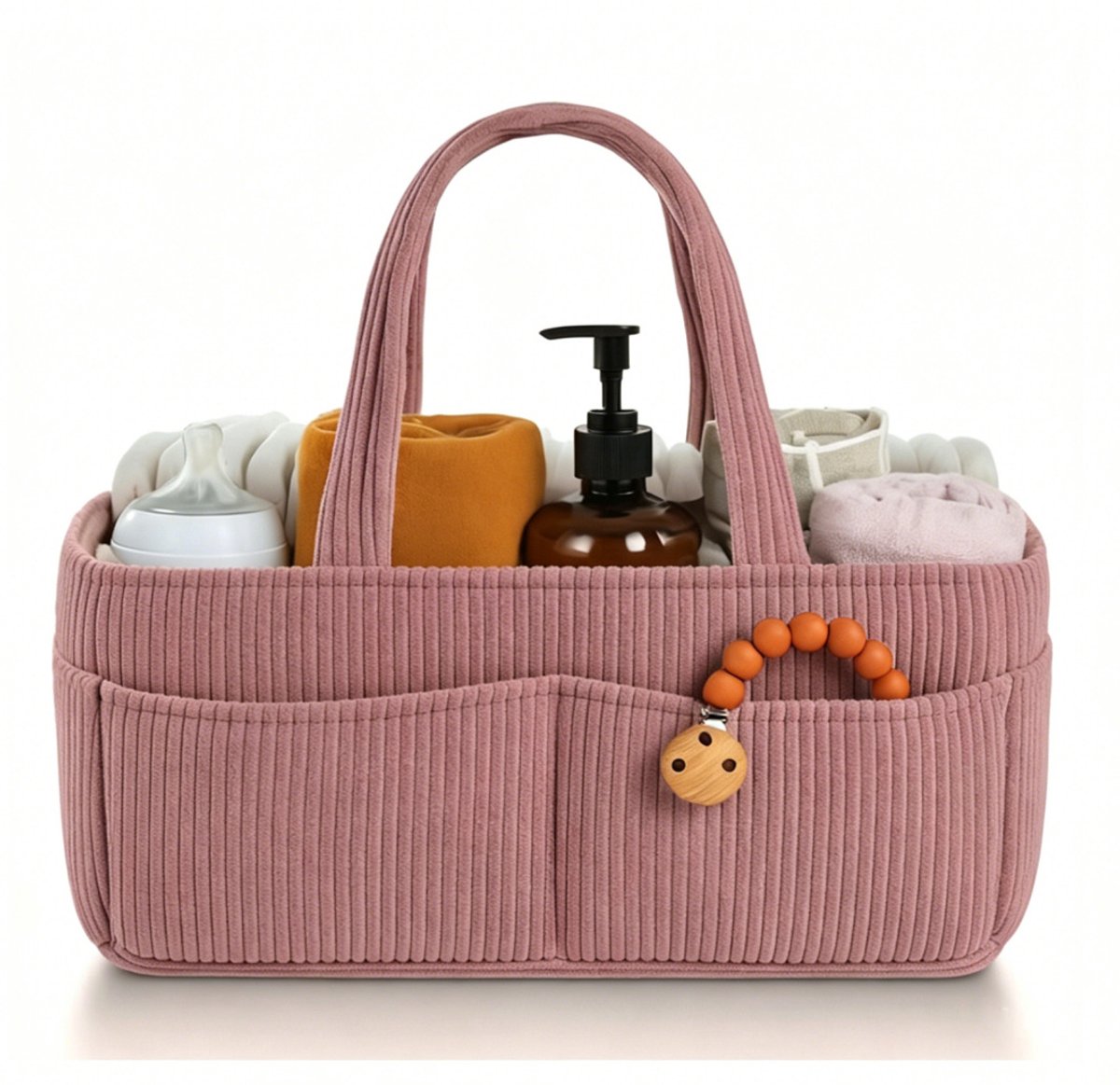 Luiertas - Luiermand - Baby opbergzak - Verzorgingsmand - Reisbaby tas - Meerdere opbergvakken voor overzichtelijke indeling - Corduroy stof - 38×23.5×18 Cm - Geschikt voor babyverzorging, luiers opbergen, babyaccessoires, thuis en onderweg - Roze