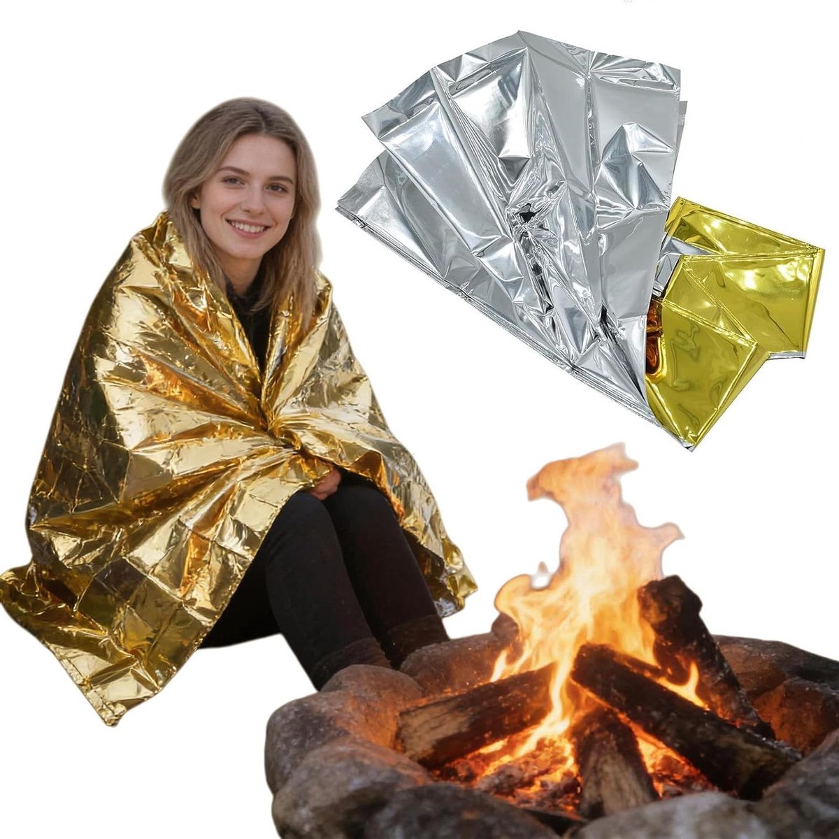 Mylar Dekens - Overlevingsdeken Thermisch - Outdoor Noodonderdak - Dubbelzijdig Gemetalliseerde Coating - 210 x 160 cm - Goud Zilver