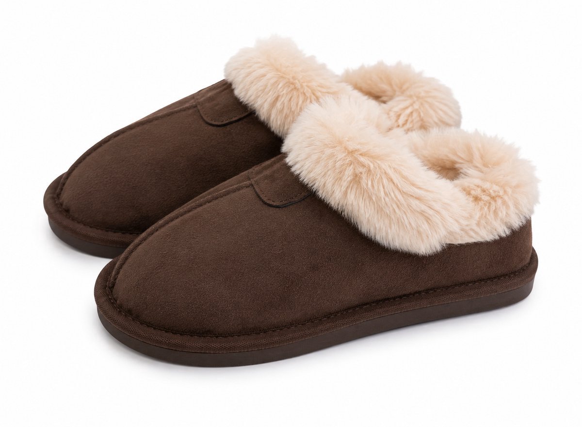 Dames Pantoffels – Warme Sloffen met Zachte Bontkraag – Suède Look – Comfortabele Huisschoenen – Maat 39 - Donker bruin -