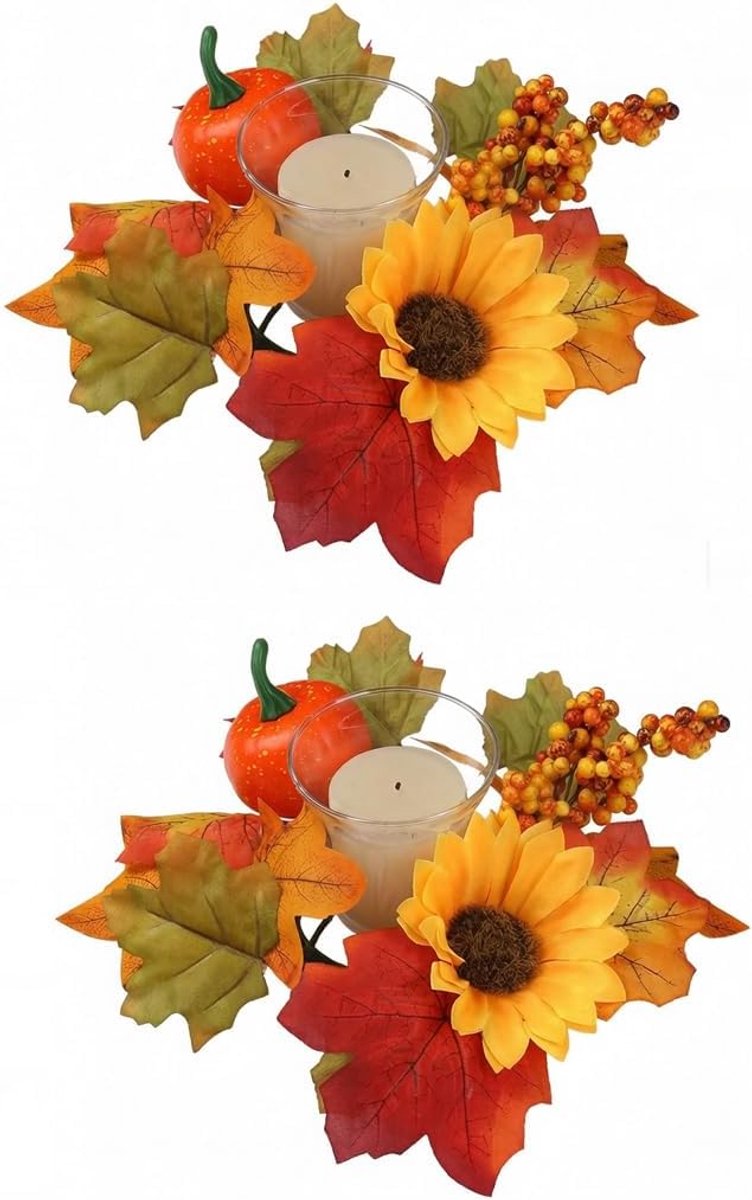 Set van 2 kandelaarskransen - Ca. 24 x 24 cm diameter - Kunstbloemen, esdoornbladeren en pompoenen – Creëer een feestelijke sfeer - Herfsttafeldecoratie - Geschikt voor binnen en buiten