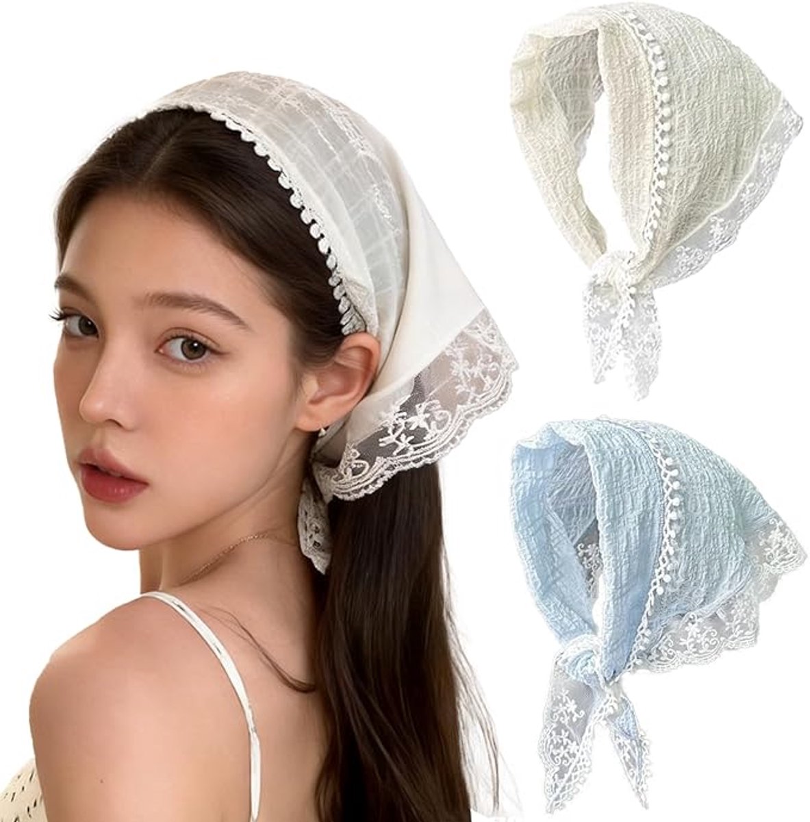 Kanten hoofddoek voor dames, 2 stuks driehoekige bandana's, verstelbare hoofdband met strikband, wit en lichtblauw, ademend voor dagelijks gebruik en festivals