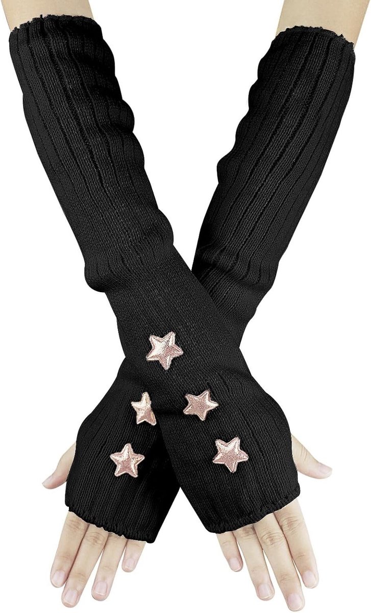 Vrouwen Armwarmers Gebreide Vingerloze Handschoenen met Duimopening, Mode en Ster Decoratie, Lange Mouwen Handschoenen voor Koude Dagen en Festivals