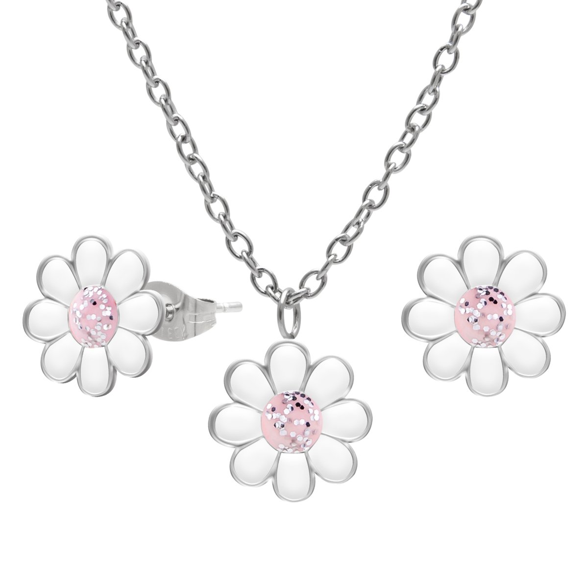 Meisjes Sieradenset Madelief – Ketting en Oorstekers – Chirurgisch Staal – Witte Bloem met Roze Glitters