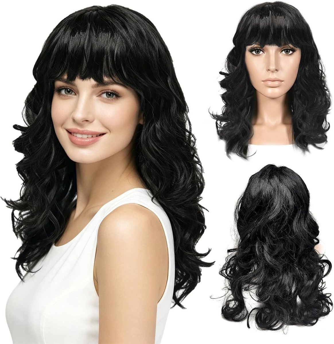 Sexy Lange Krullende Synthetische Perucq voor Vrouwen - Hittebestendig Haar voor Cosplay en Feestjes in de Jaren '70 (Zwart)