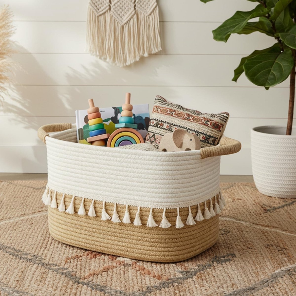 Opbergmand met Handvatten, Gevlochten Design voor Wasgoed, Dekens en Speelgoed, Decoratieve Mand voor Woonkamer, Slaapkamer en Badkamer, Wit en Jute