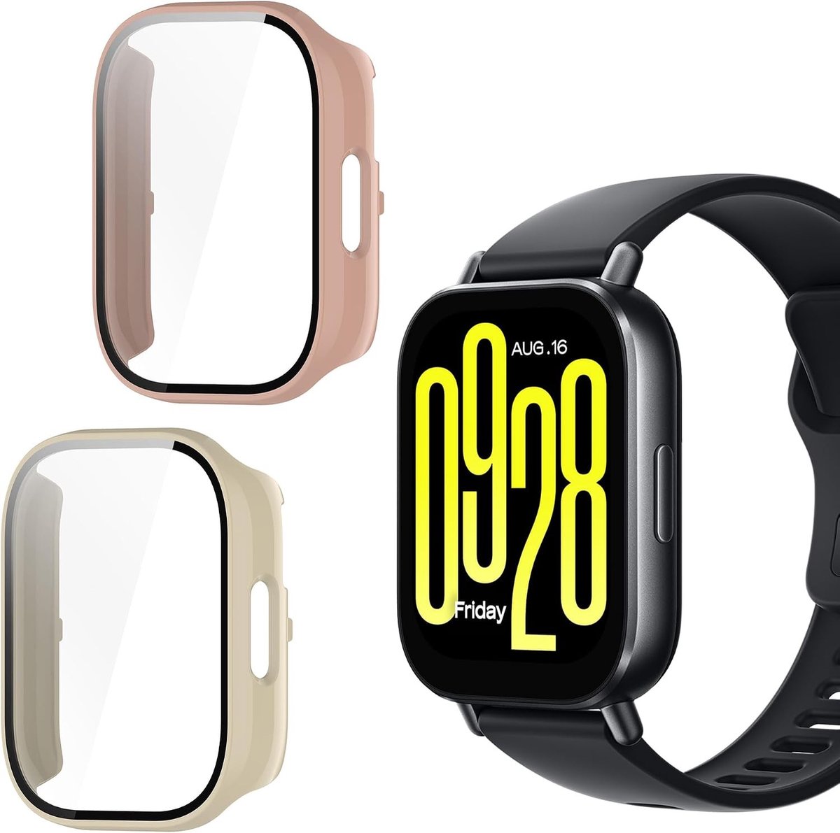 2 Stuks Beschermhoezen voor Xiaomi Redmi Watch 5 Active, PC Beschermframe en Gehard Glas Screen Protector - Wit/Roze, Duurzame Bescherming en Stijlvolle Accessoires voor Smartwatch