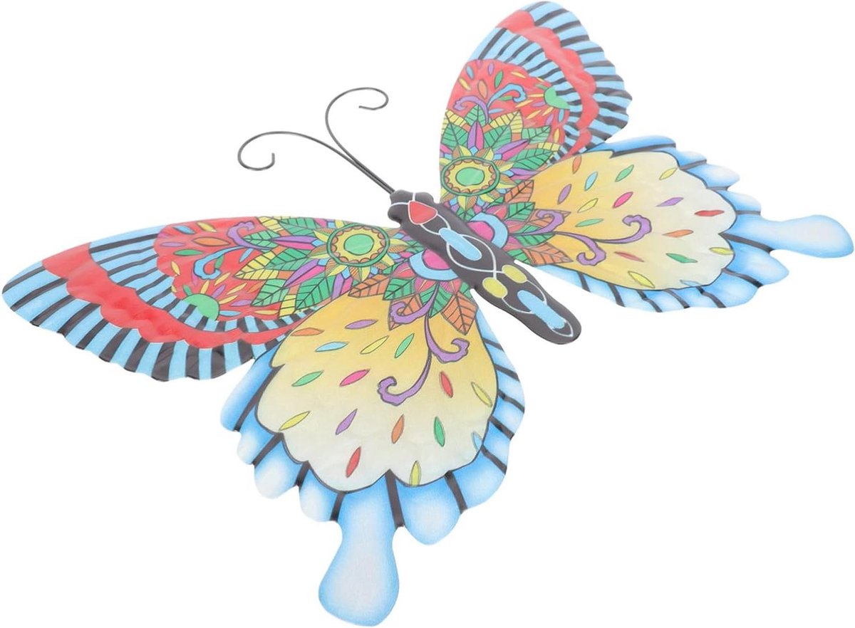 Tuindecoratie Vlinders - Wanddecoratie Metaal - Buiten Decoreren - Handgetekende Kleuren - 36.5x26cm - Blauw