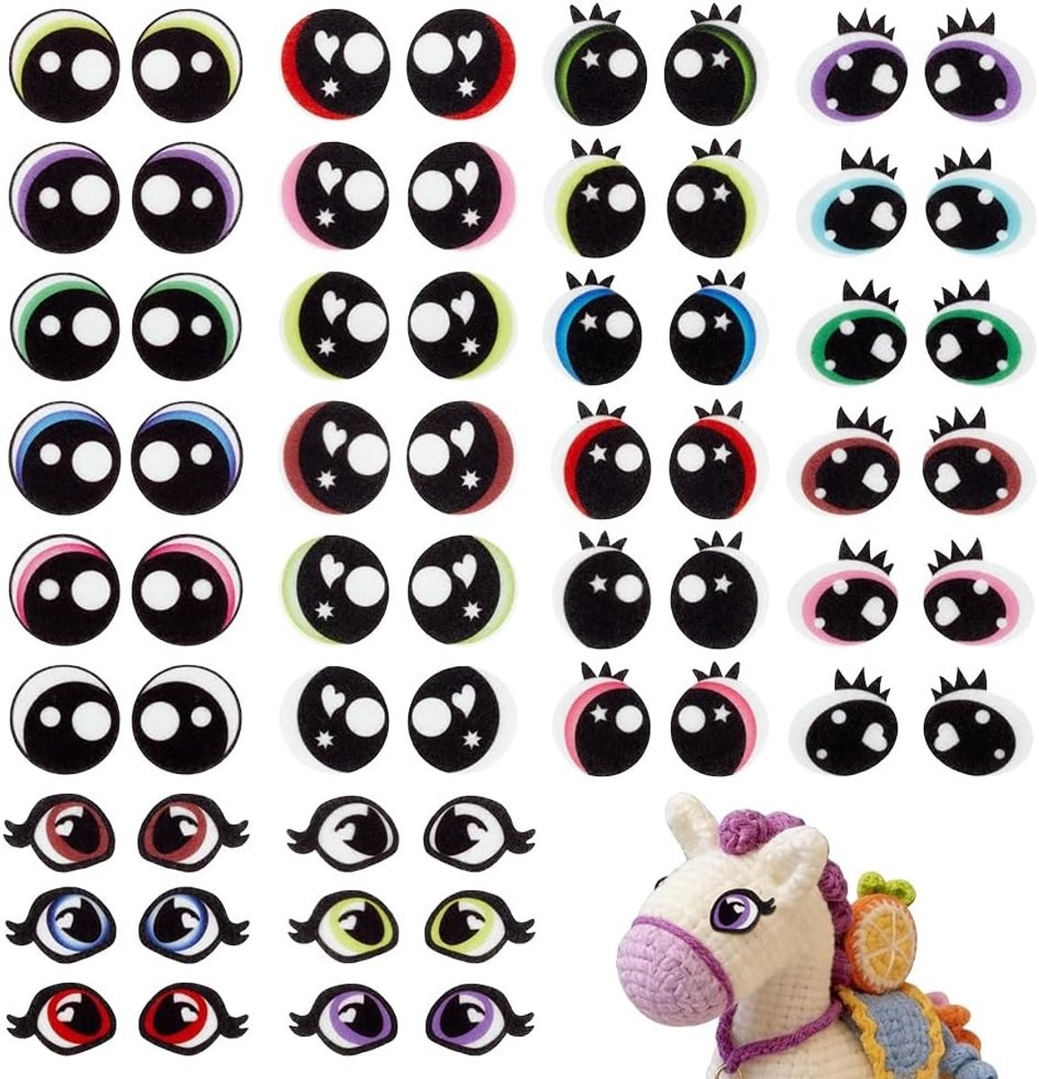 120 paar vilten wimpers in 5 stijlen, kleurrijke ooghandwerk voor Amigurumi, Kawaii pluche dieren en gehaakte knuffels