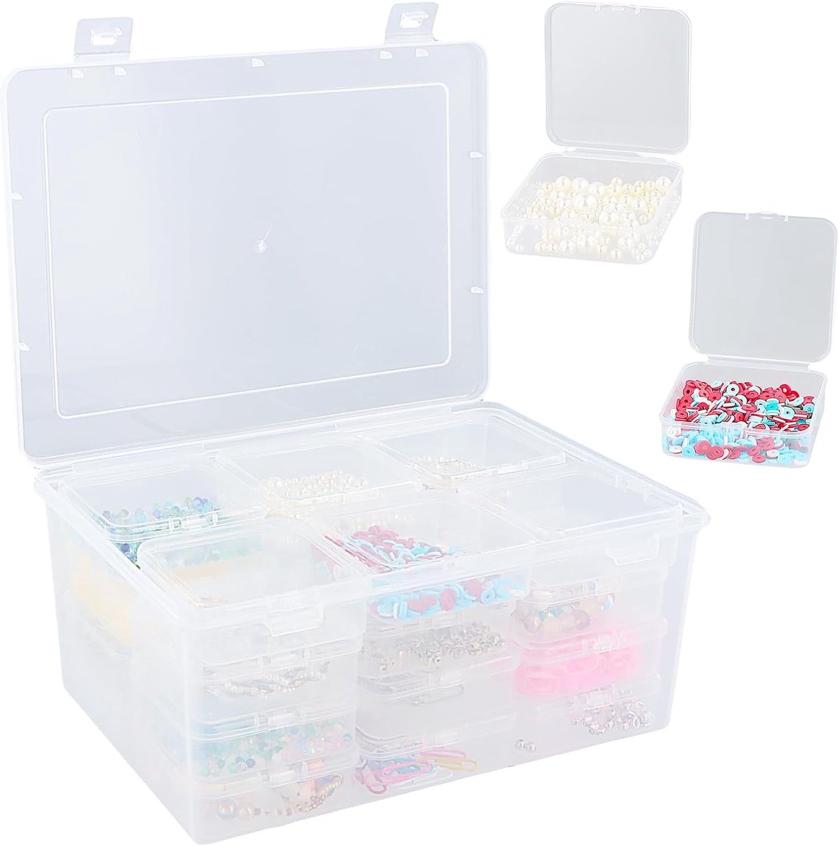 SnelShoppen - Pack van 24 Kleine Opbergdozen met Deksel (7x7x2.5 cm) voor Strijkkralen, Clear Plastic Craft Box, Perfect voor Sieraden, Knutselbenodig