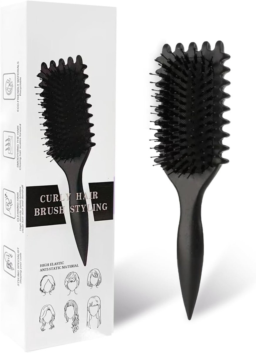 Krulborstel - Zwart - 24 cm - Nylon en Harde Zwijnenharen - Voor Mannen en Vrouwen