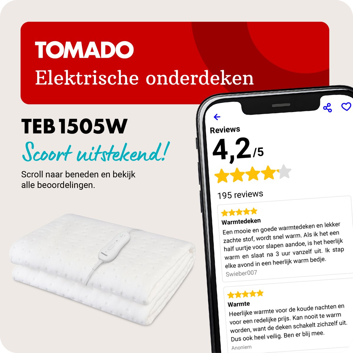 Tomado TEB1505W - Elektrische deken 1 persoons - 150 x 80 cm - Warmtedeken - Onderdeken - 3 standen – foto 8