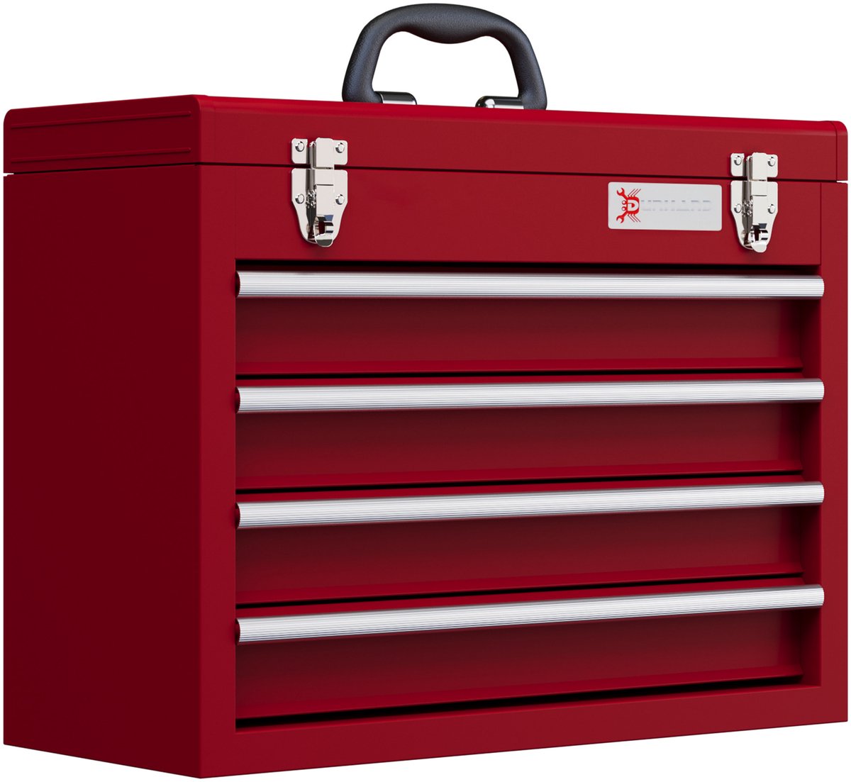 Gereedschapskist met 4 laden - opbergvak bovenin - stalen sluitingen - handvat - 51x22x39 - 5 cm - rood