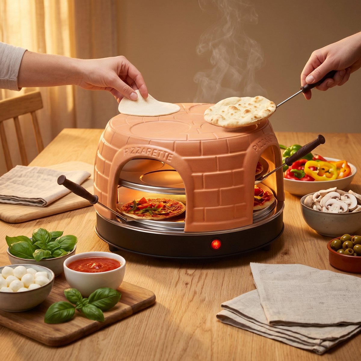 Emerio Pizzarette Origineel - 8 Persoons Pizza Oven - Handgemaakte Terracotta Koepel - 8 Geïsoleerde Bakspatels - RVS Bakplaat - Gourmetstel - PO-116124.1 1500W – foto 8