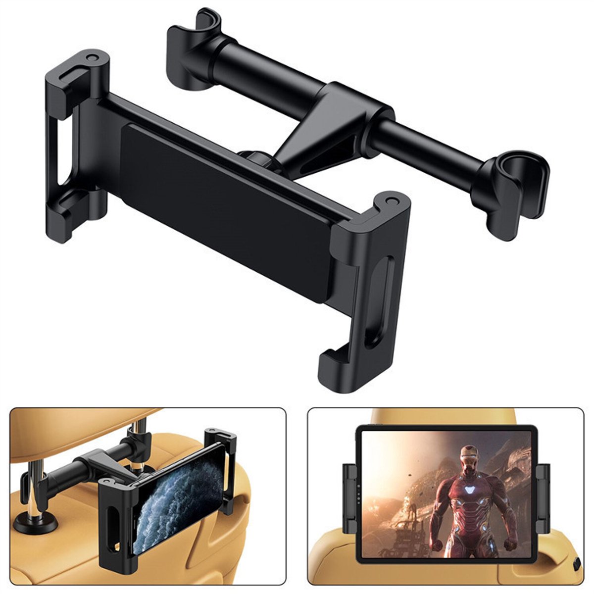 Tablet Houder Auto - Kantelbaar & Draaibaar - Tablethouder - Hoofdsteun Bevestiging -12 cm tot 32,8 cm -Effen zwart – Klikbevestiging (uitschuifbare klem)