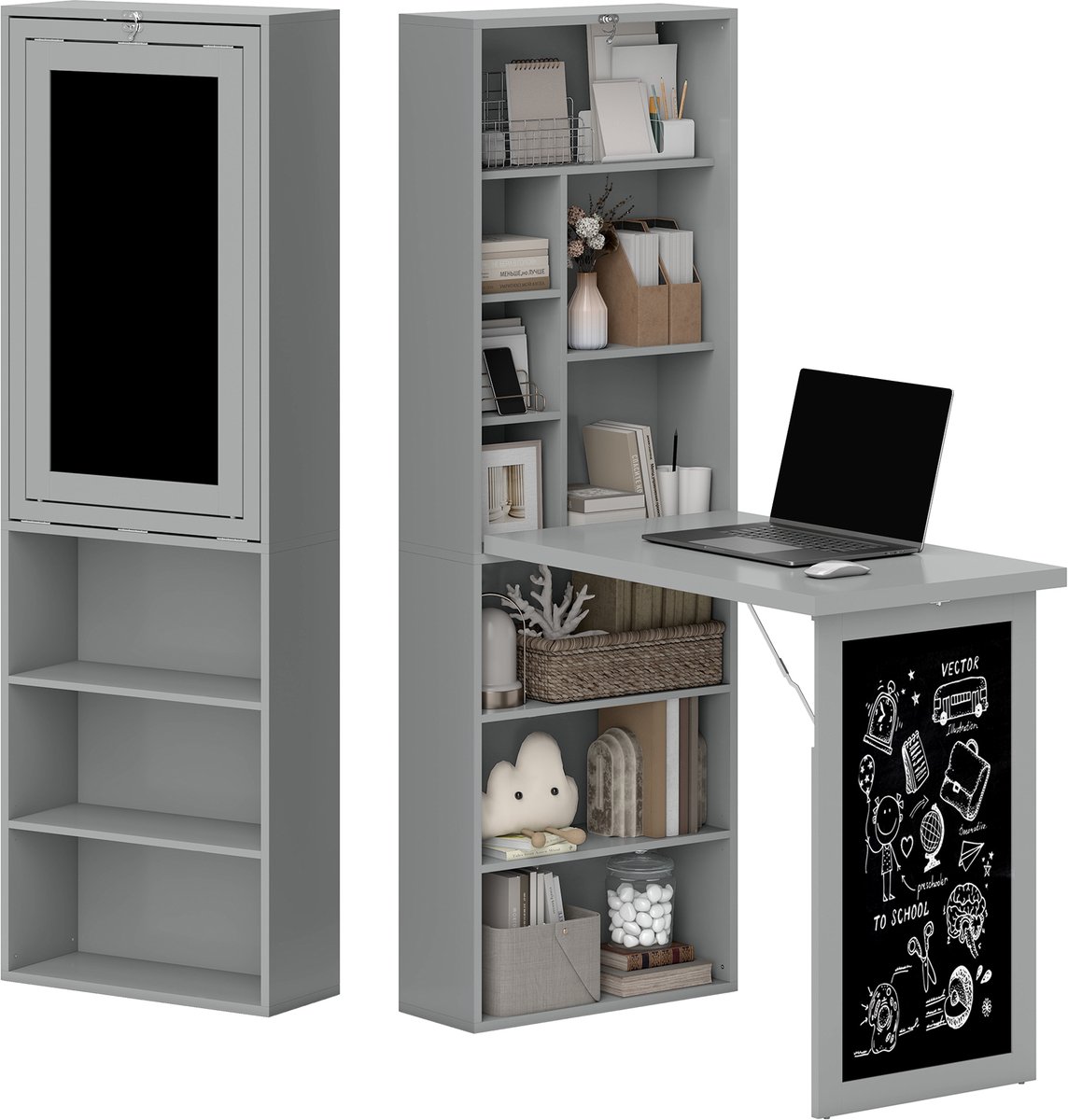 Opklapbaar bureau – wandkast met schoolbord en zijplank – multifunctioneel thuisbureau – 98 x 51 cm – grijs