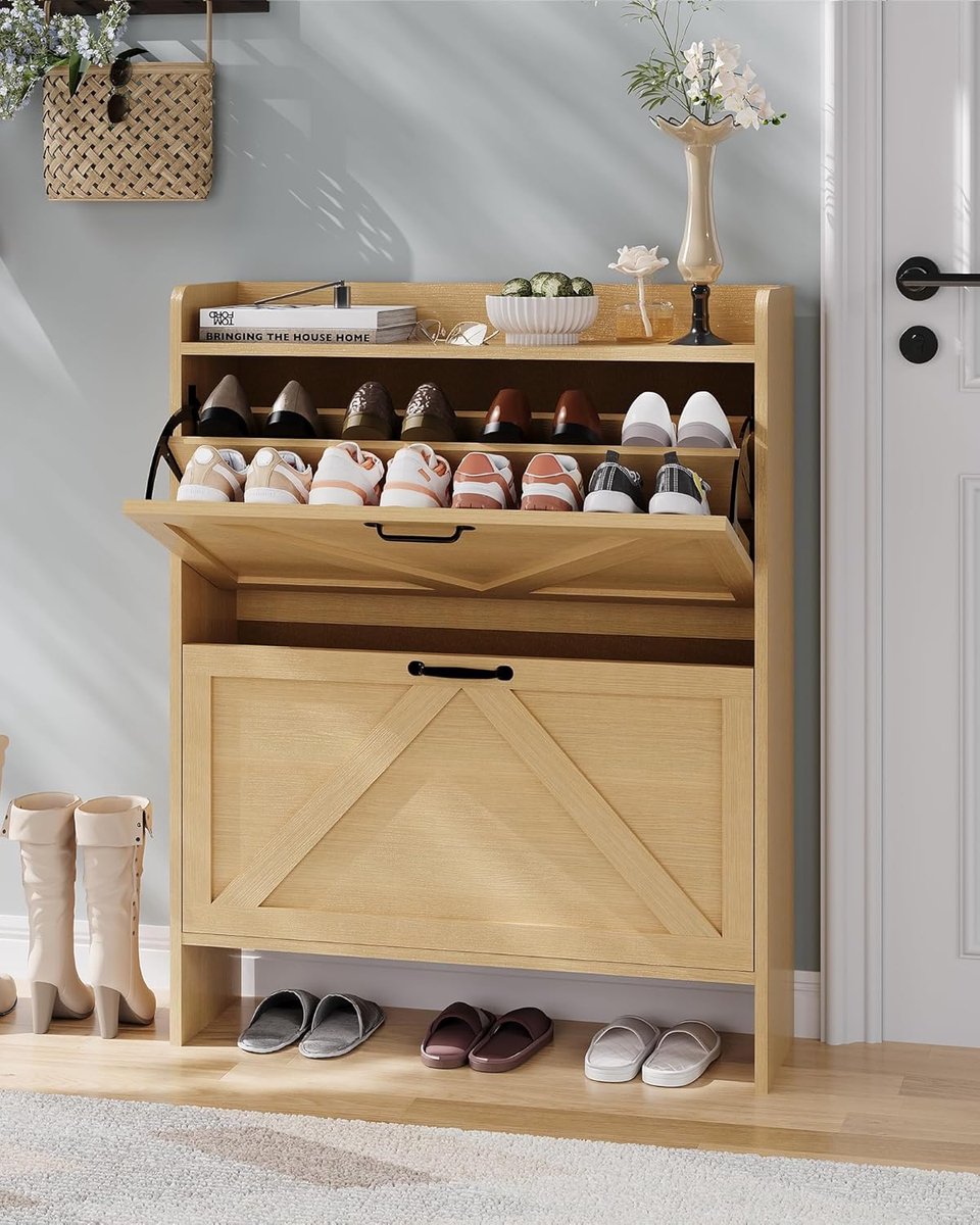 Moderne schoenenkast met 2 inklapbare deuren–Compacte kast voor hal/entree – Capaciteit 12-16 paar schoenen – Verstelbare planken –Metalen poten–Industriële stijl-Natuurlijke houtkleur