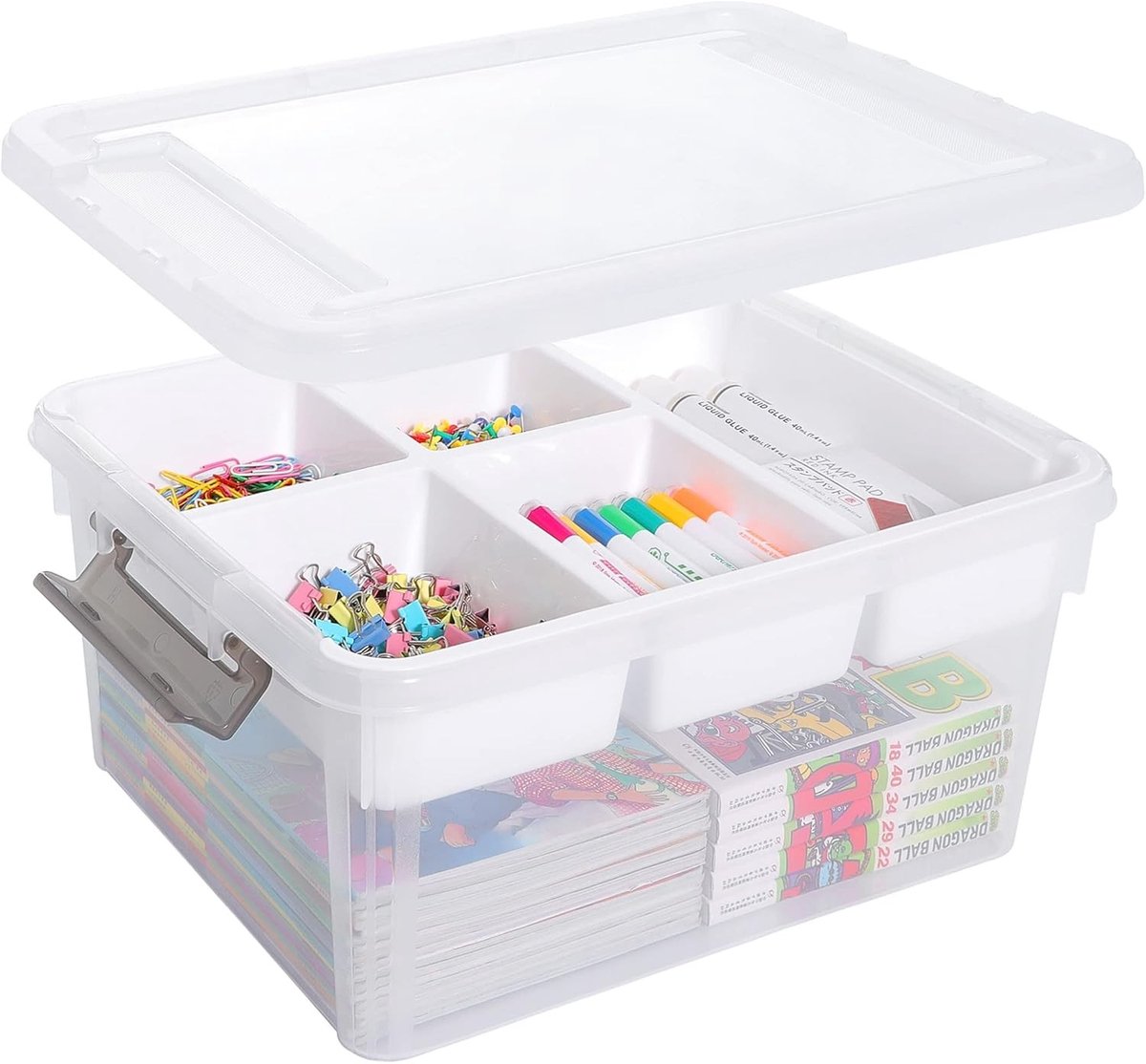 Opslagdozen met Deksel, 16 L, Plastic met Verwijderbare Bak, Versterkte Dozen voor Organiseren van Gereedschap, Knutselspullen en Kleurpotloden