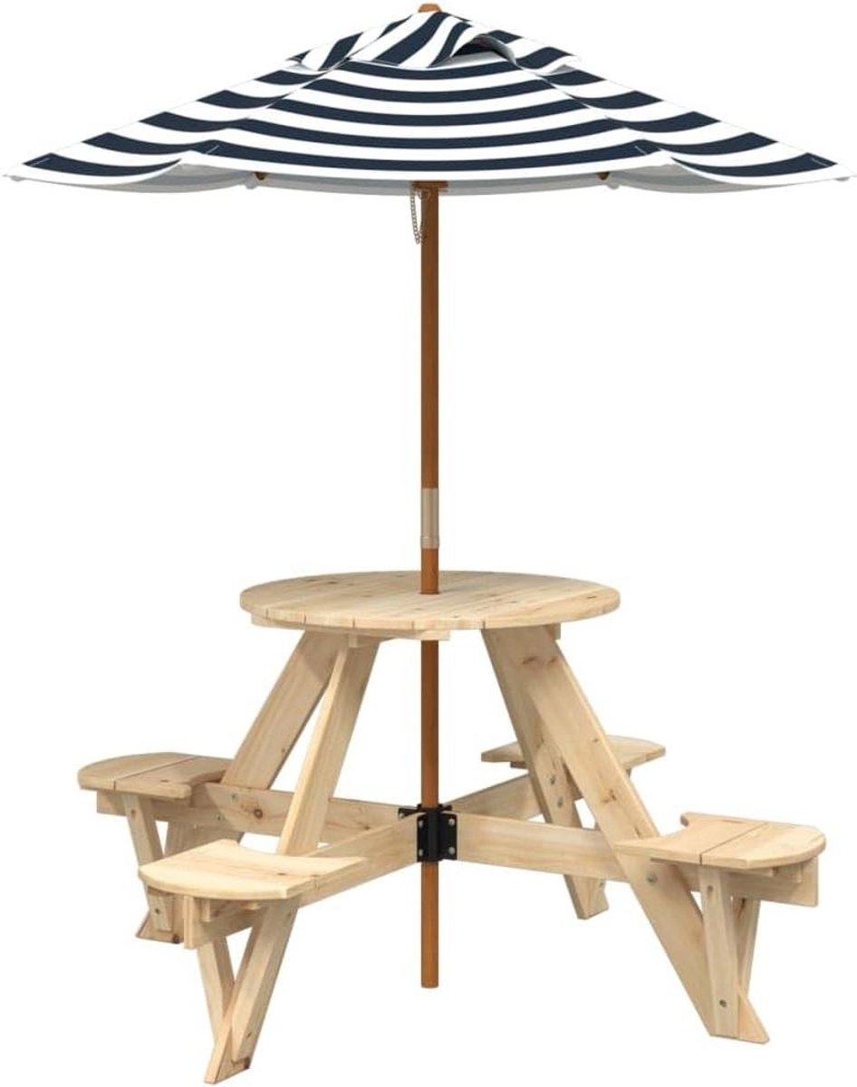 Kindertafel met parasol - Buitenmeubel - Spelen en eten - 2-in-1 ontwerp - Voor 4 kinderen - Bruin en blauw
