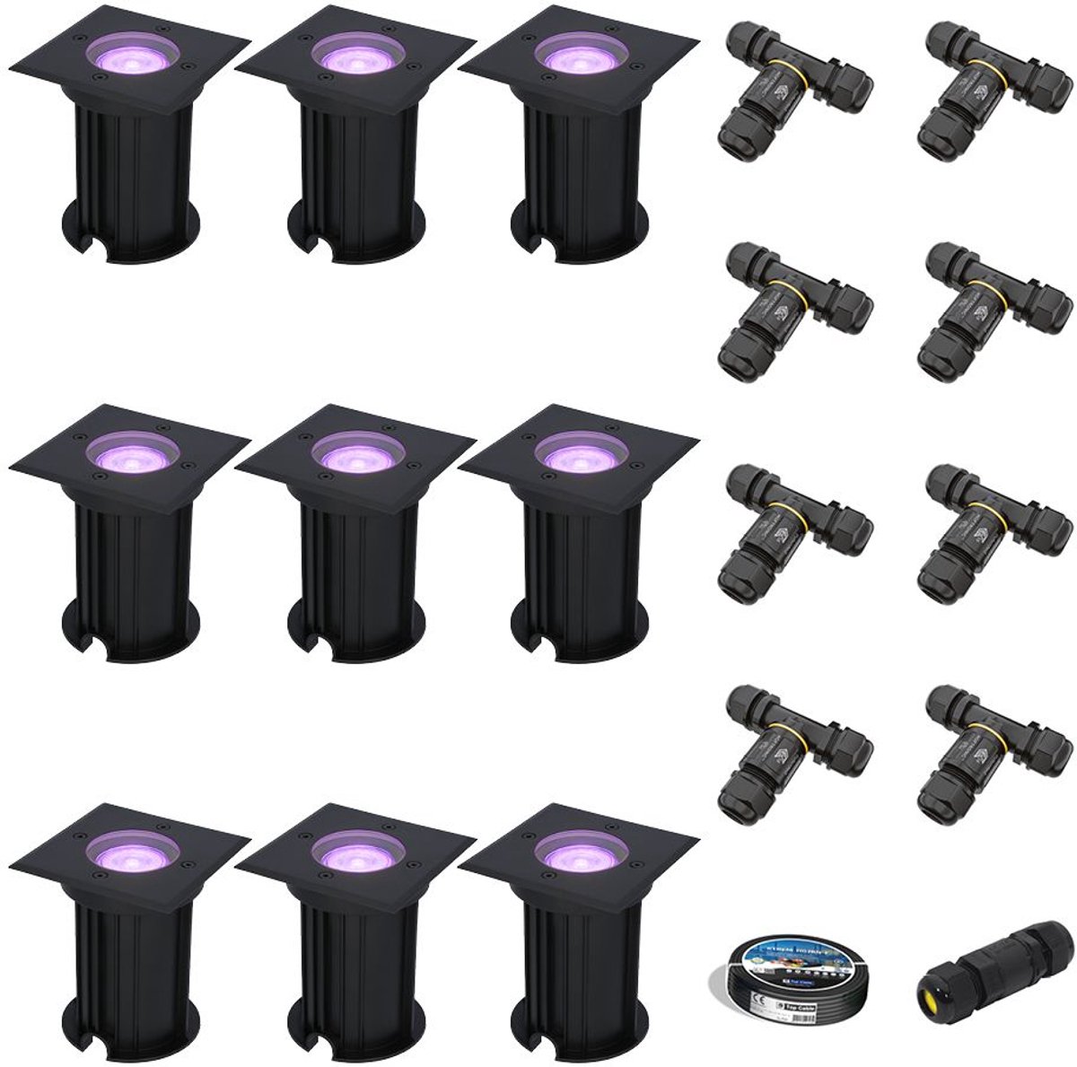 Set van 9 Ramsay Smart Grondspots buiten - Vierkant - 5,5W 400lm - RGBWW - Wifi + Bluetooth - Bestuurbaar via app - IP67 - Google Home - Amazon Alexa - Zwart - Inclusief installatiemateriaal (Kabel & connector)