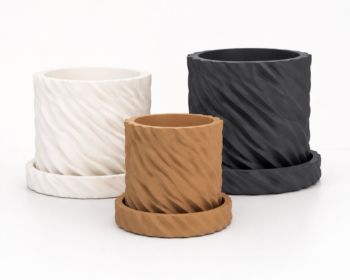 Bloempot Set van 3 met Schotel – 3D Geprinte Plantenpotten – Spiraal Design – Drainage – Small, Medium & Large