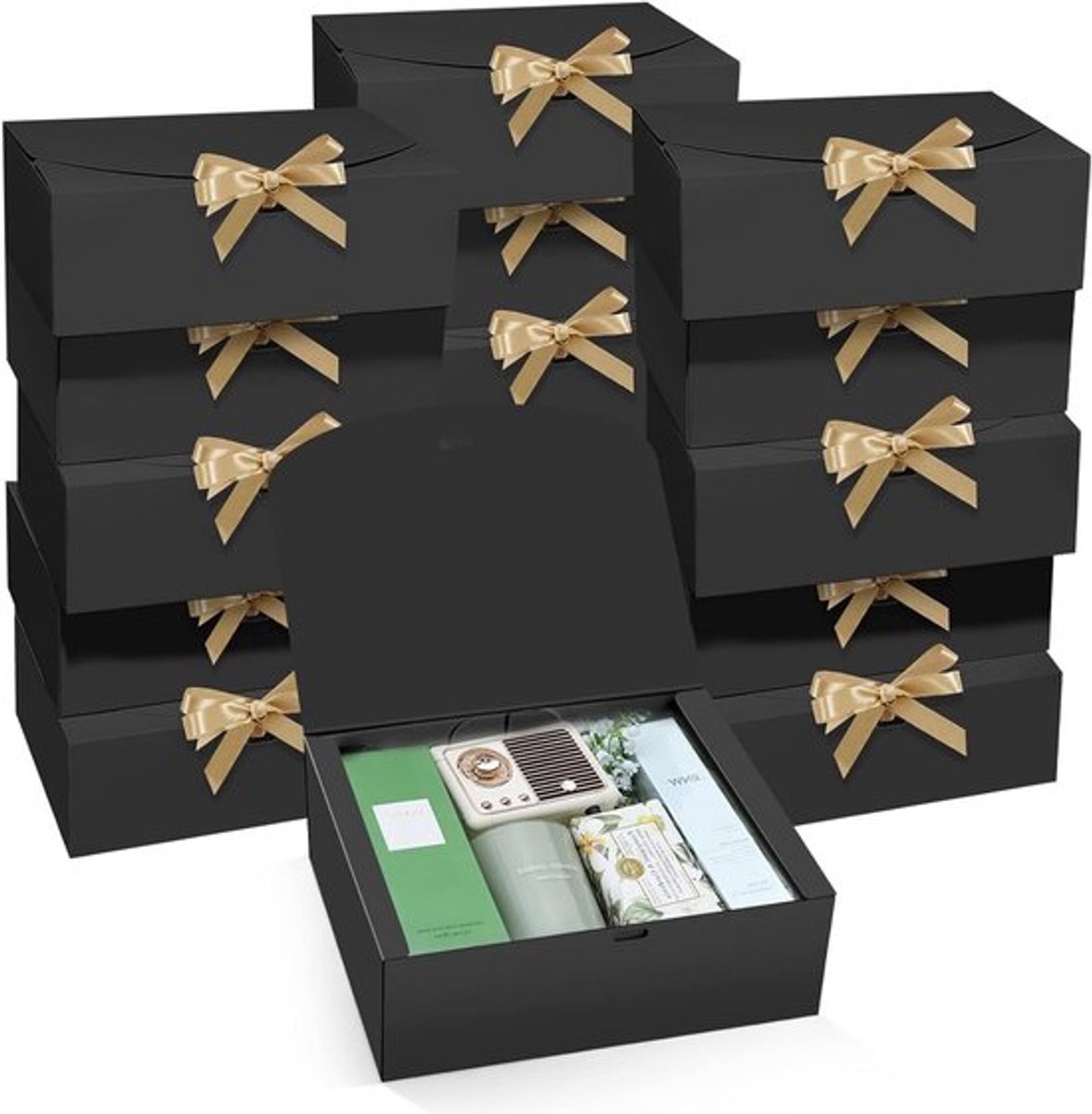 15 Stuks Cadeauboxen met Deksel, 25cm x 20cm x 10cm Zwarte Kraft Papieren Dozen met Gouden Lint voor Bruidsmeisje, Verjaardag, Kerst en Feestverpakkingen