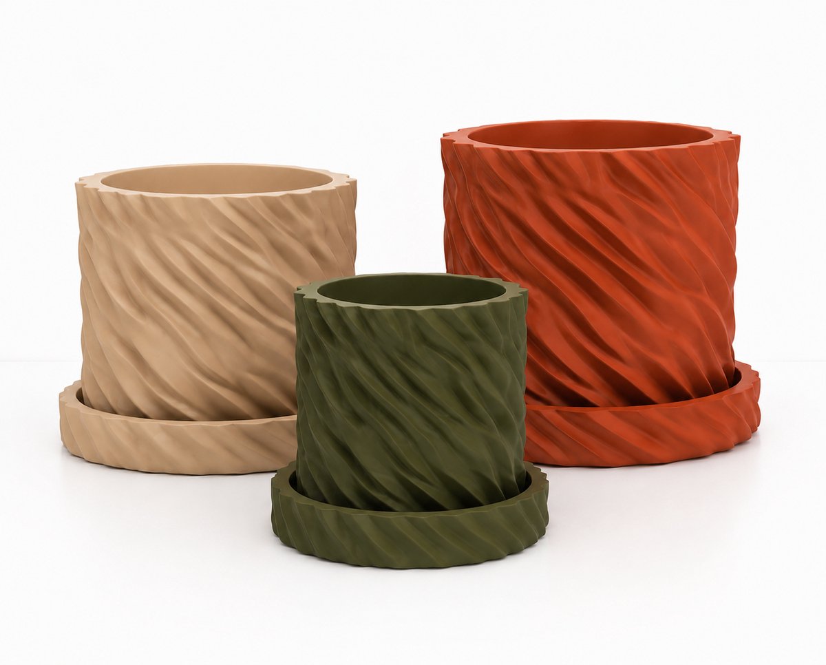 Bloempot Set van 3 met Schotel – 3D Geprinte Plantenpotten – Spiraal Design – Drainage – Small, Medium & Large