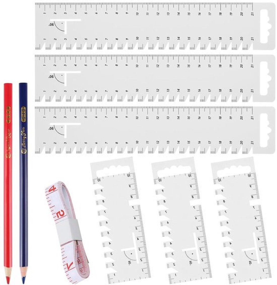 Set van 9 Naairegels met 6 Handmaat Regels, 1 Leren Regel en 2 Potloden - Transparante Precisie en Naaimateriaal voor Patchwork en Tailoring