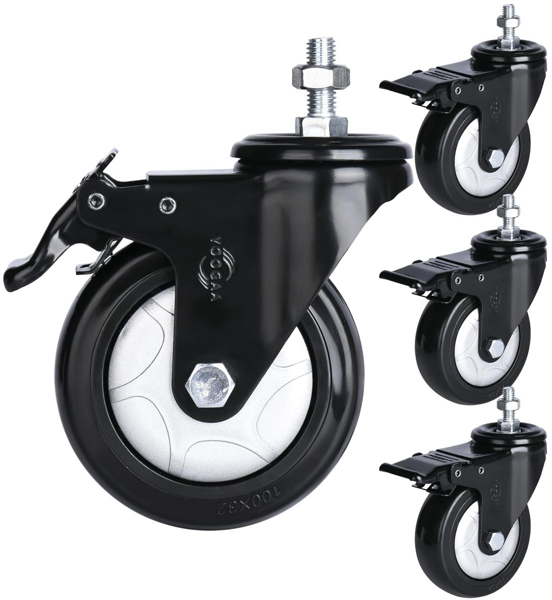 Draaiwielen Set van 4 - 4 inch - M10-1,5 x 25 mm - Zware Belasting met Dubbele Vergrendeling - Voor Trolleys en Meubels