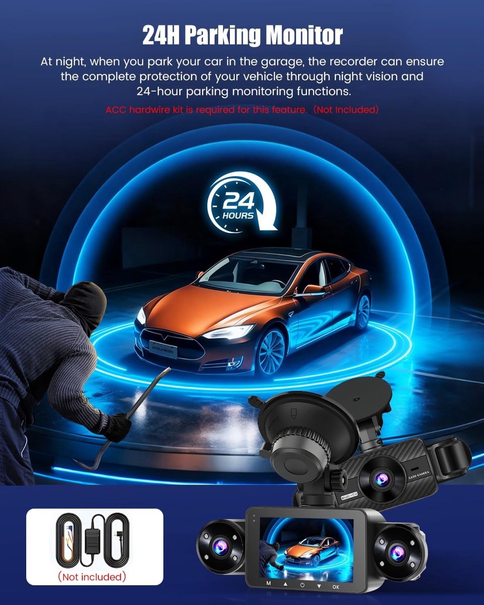 Dashcam voor auto - Zwart - 3 inch IPS-display - 4-kanaals 1080p Autocamera met Nachtzicht en G-sensor