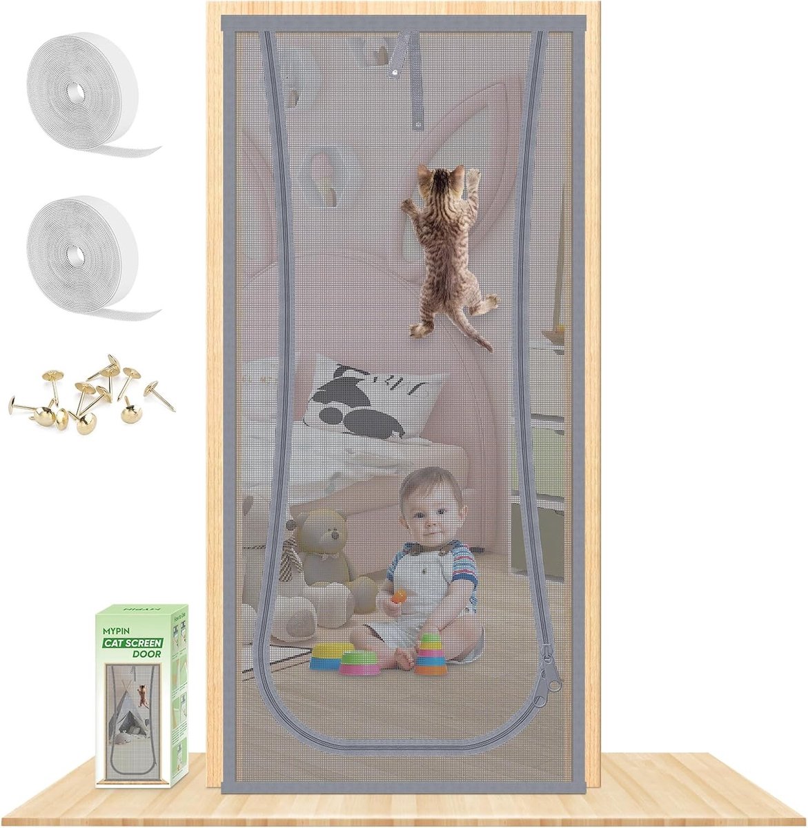 Doornrooster tegen katten - Grijs - 102 x 211 cm - Vinyl gecoat staal - Bescherming voor huisdieren binnenshuis