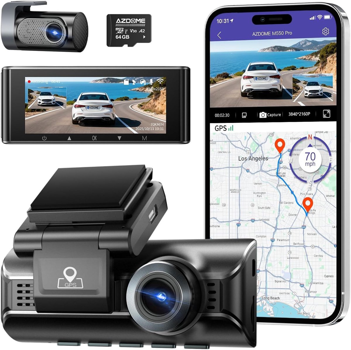 Dashcam voor auto - Zwart - 3,19 inch IPS-scherm - 4K + 2,5K Dual Camera met GPS en WiFi - Voorzien van Nachtzicht en Parkeermodus
