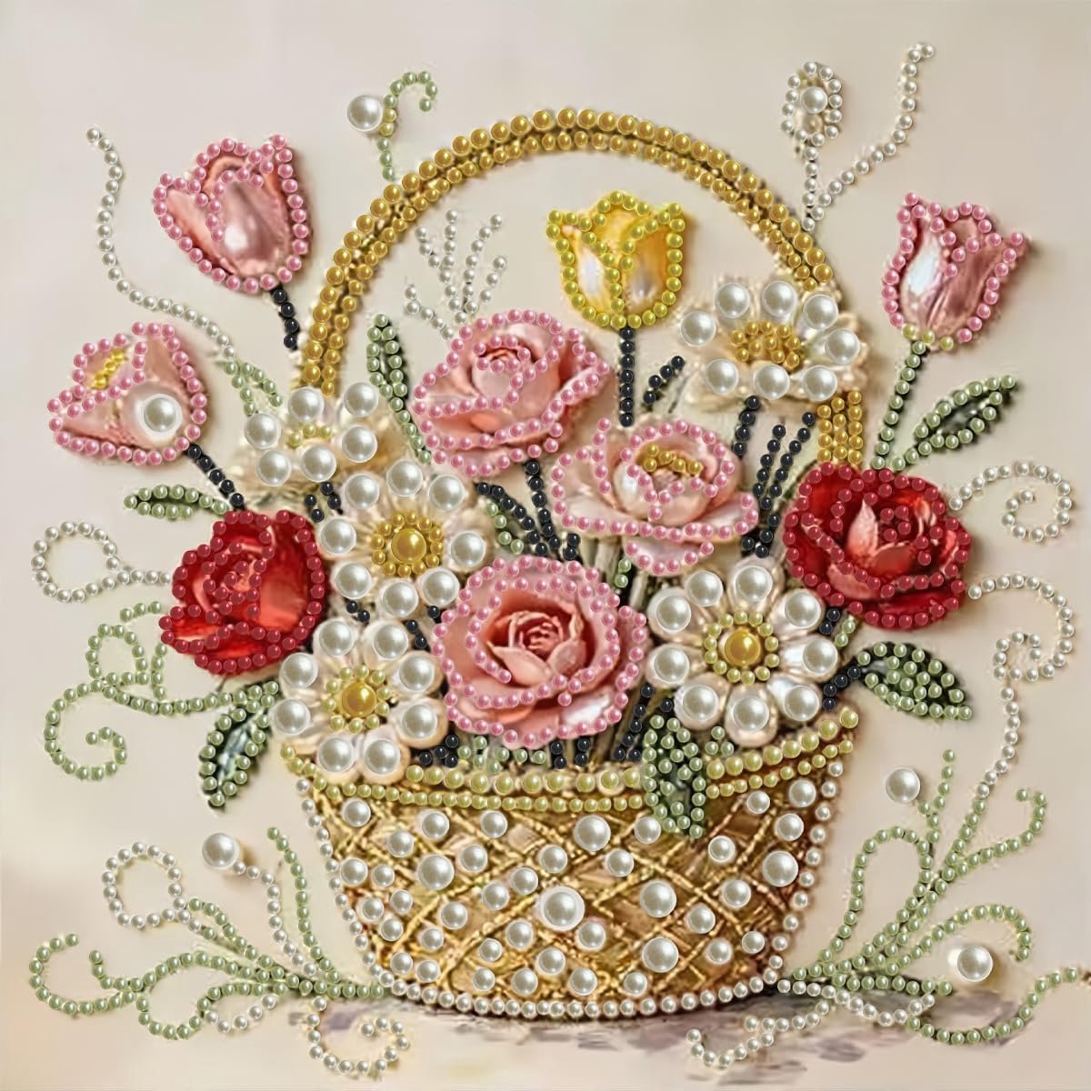 Parel Diamantschilderpakket - Decoratieve wandkunst - 5D Diamantkunst voor Volwassenen - Bloemenmand Motief - 30 x 30 cm - Geschikt voor Beginners - DIY Wanddecoratie - Volledige Set met Accessoires - Sprookjesachtig Ontwerp - Zonder lijst
