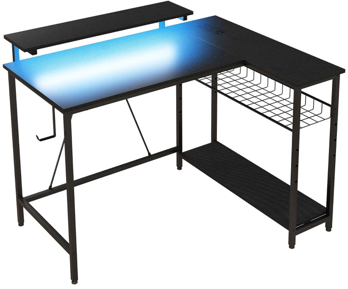 L-vormig Gamingbureau 107 x 80 x 90 cm – Omkeerbaar Hoekbureau met LED, Stopcontacten, USB, Monitorstandaard en Opbergrek – Zwart