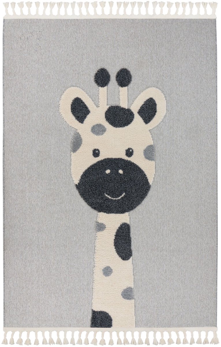 Padiro kindervloerkleed 160 x 230 cm - grijs - speels kindermotief - met giraffemotief - van polypropyleen frisee