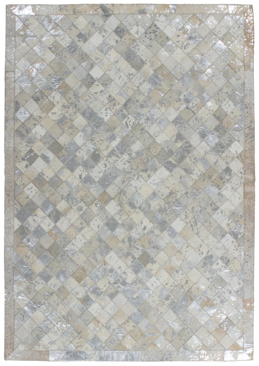 Padiro leren vloerkleed 160 x 230 cm - grijs / zilver - modern patchwork design - met diagonaal ruitpatroon en glanzende accenten - geschikt voor vloerverwarming - van leer