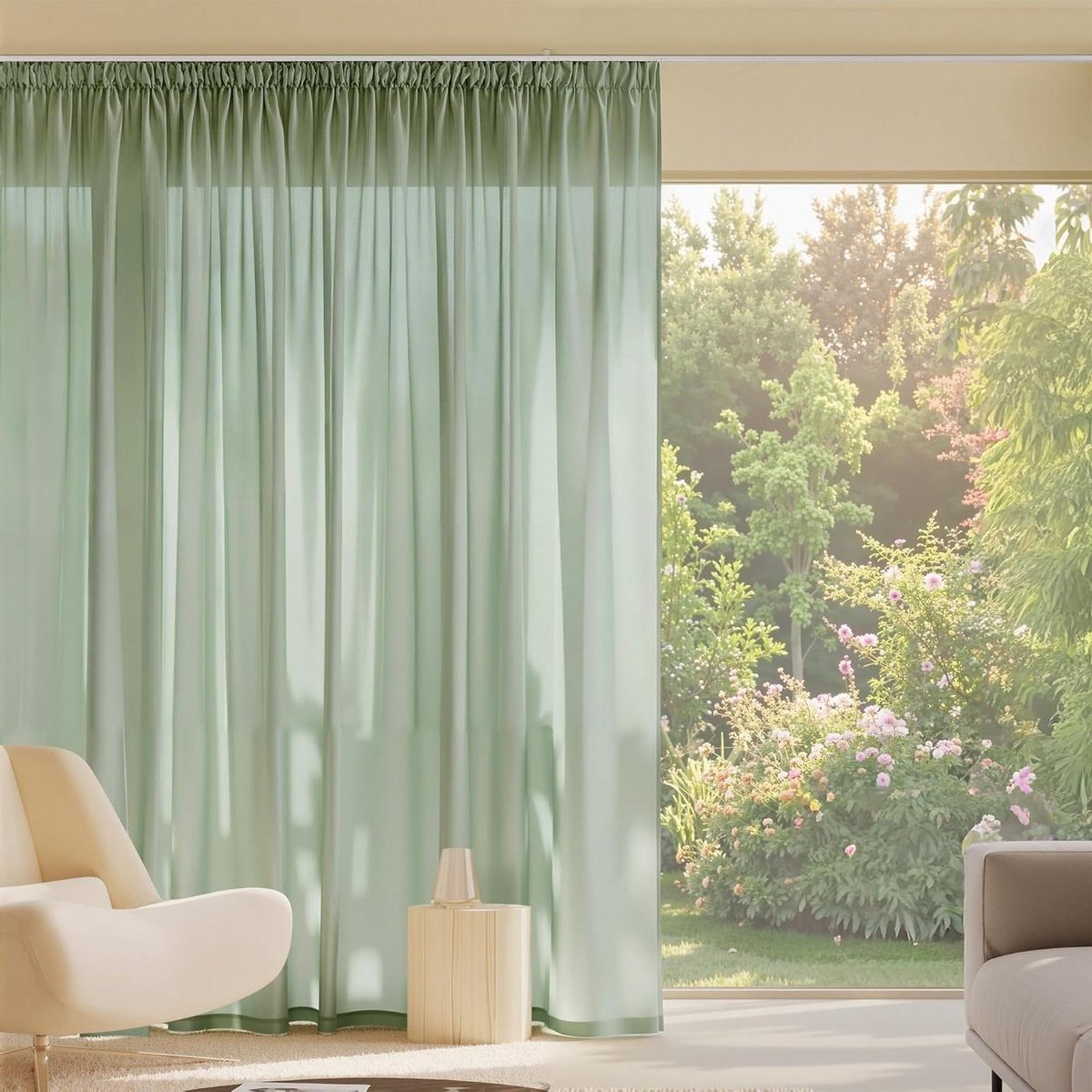 Gordijnen met Haken - Paneelgordijnen Raambekleding - Woonkamer Decoratie - Half Lichtfilterend Materiaal - 300 x 245 cm - Grijsgroen