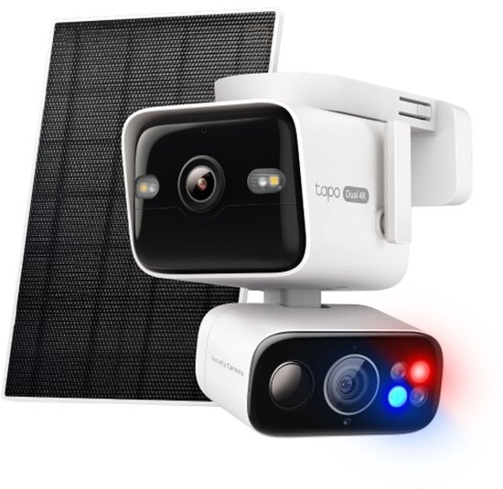 Witte Tapo Dual 4K beveiligingscamera met zonnepaneel. Rode en blauwe lampjes aan de onderzijde.