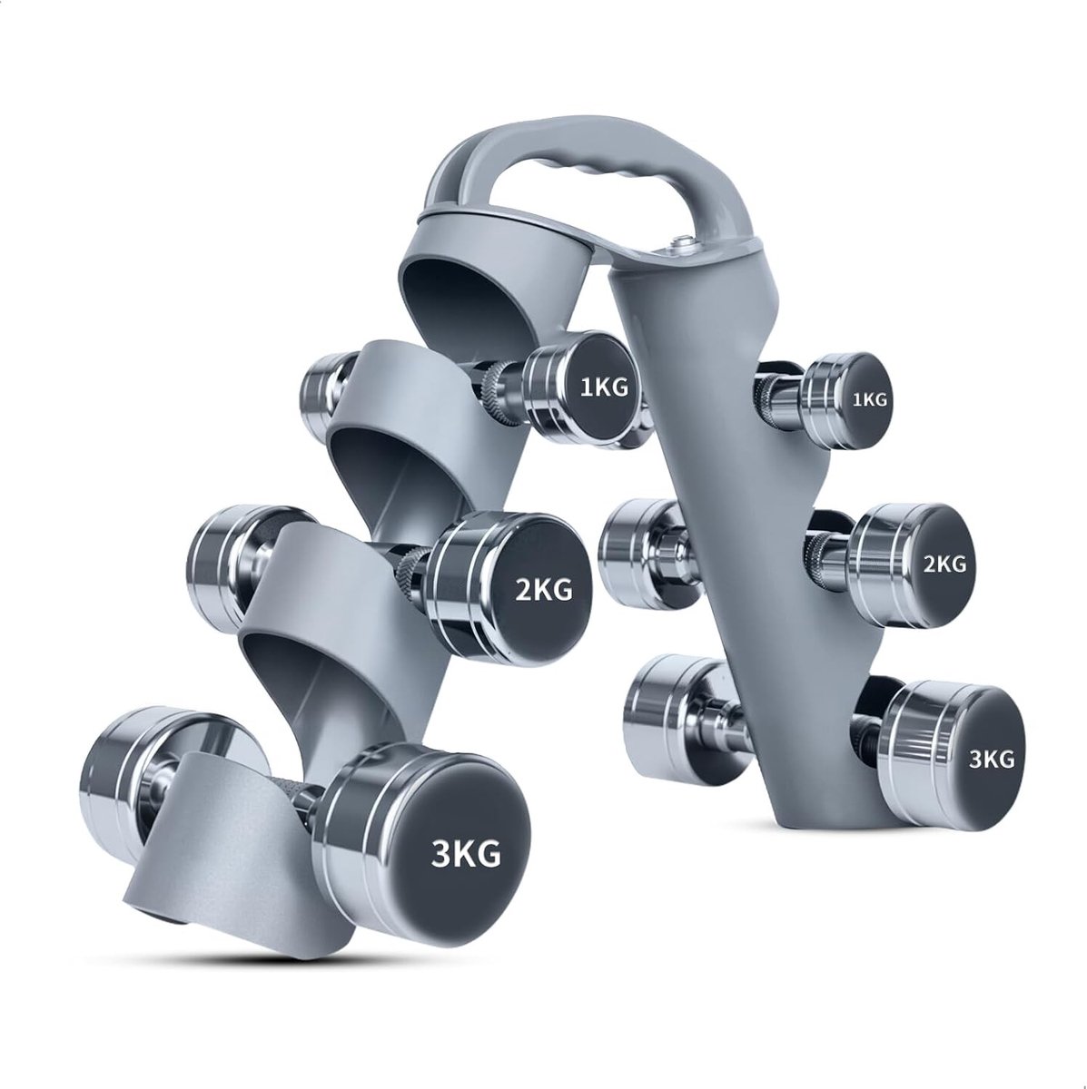 Verstelbare Dumbbell Stand met 3 Niveaus, Ruimtebesparende Fitnessoplossing voor Thuis, Sportschool en Kantoor, Modern en Stijlvol Ontwerp, Grijs