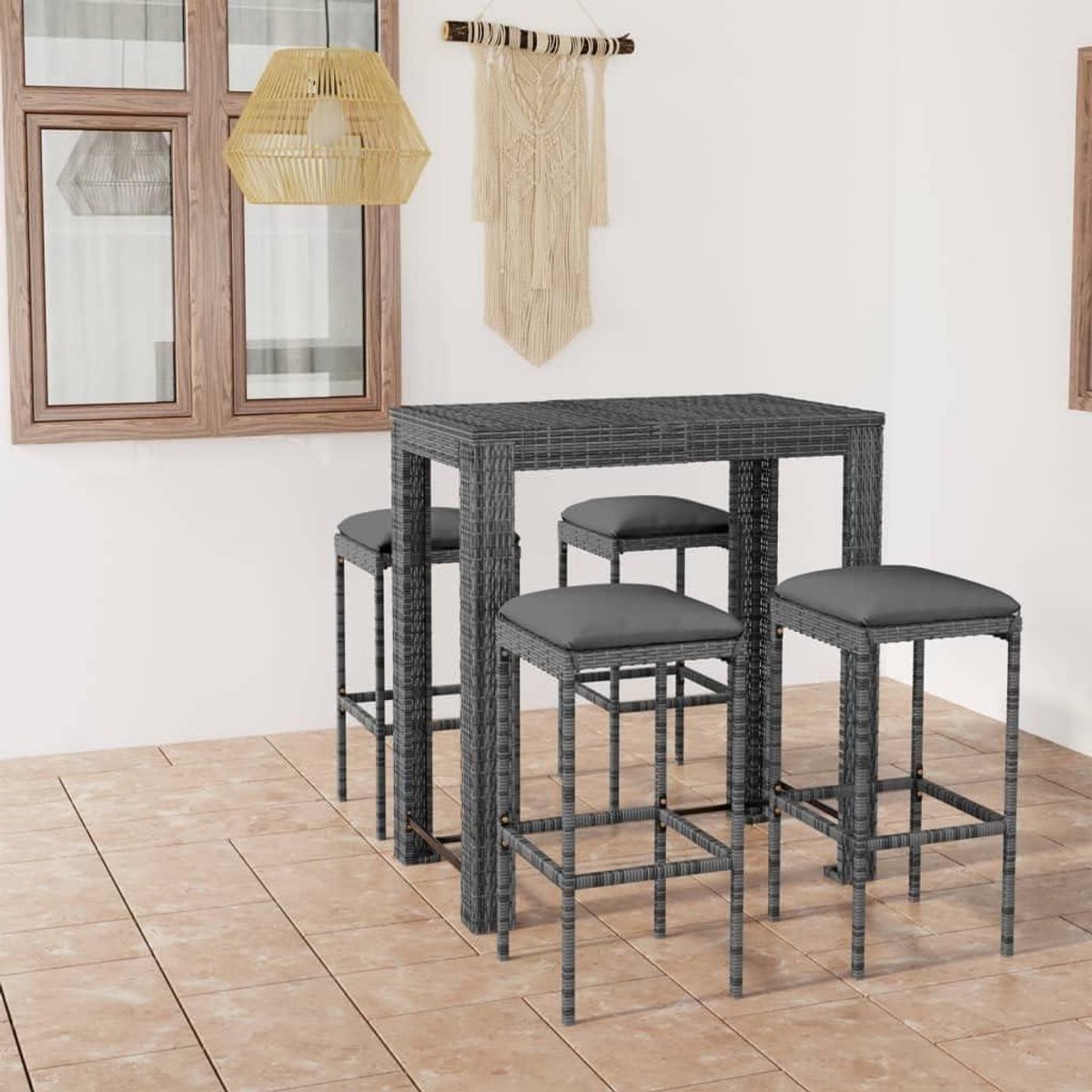 Tuinbarset 5-delig - Buitenkeuken set - Gezellig buiten zitten - Met comfortabele kussens - 100 cm tafel - Grijs