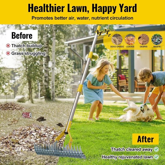 Gazonrakel - Metalen blad - 150 cm verstelbare steel - Robuuste multifunctionele tuinhark voor gazononderhoud — afbeelding 5