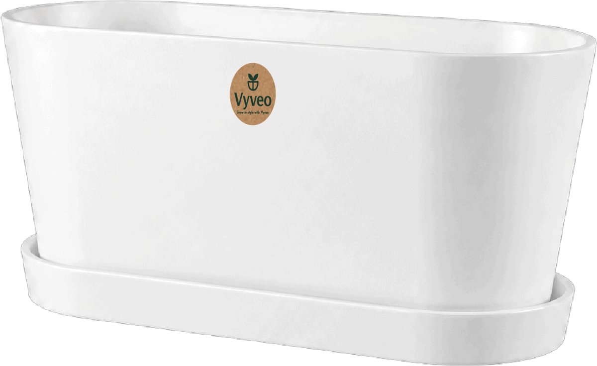 Vyveo - Bloempot Varda met onderzetter - 32x13x14 - Wit - Bloempot voor binnen en buiten - Lichtgewicht - Breukbestendig - Vorstbestendig - UV-bestendig