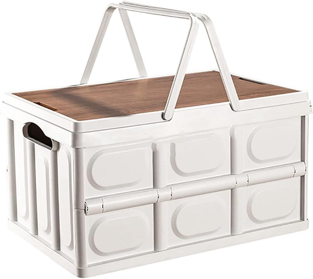 Opvouwbare Picknickmand - Draagbare Opbergmand - Buiten Eten Organiseren - Dubbele Zwenkgreep - 44D x 30B x 6H cm - Wit