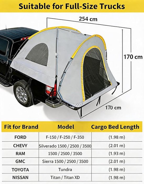 HOERFURIY pick-up laadbaktent middenmodel met steunen, 210D Oxford stof - waterdichte tweelaagse kampeertent voor 2–3 personen, geschikt voor compacte pick-ups — afbeelding 3