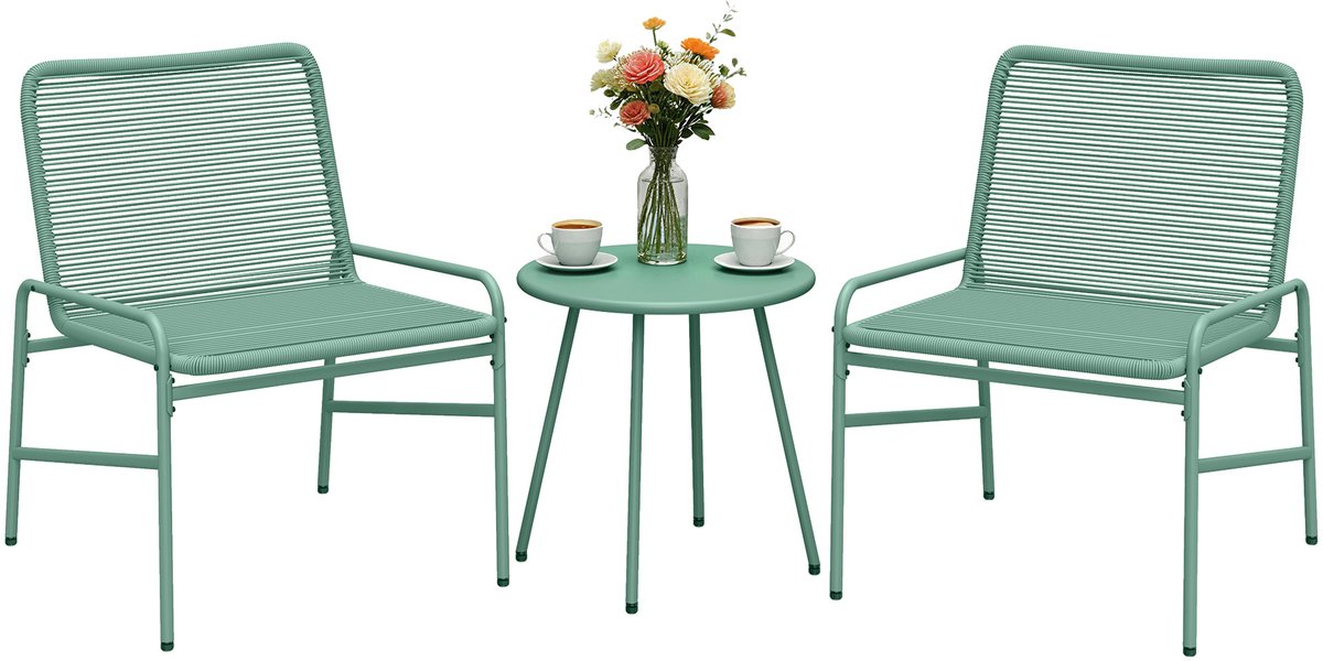 Tuinmeubel 3-delig - gevlochten kunststof en staaltuinmeubelset - met cirkel tafel en 2 stoelen - 58x67x75 cm - groen